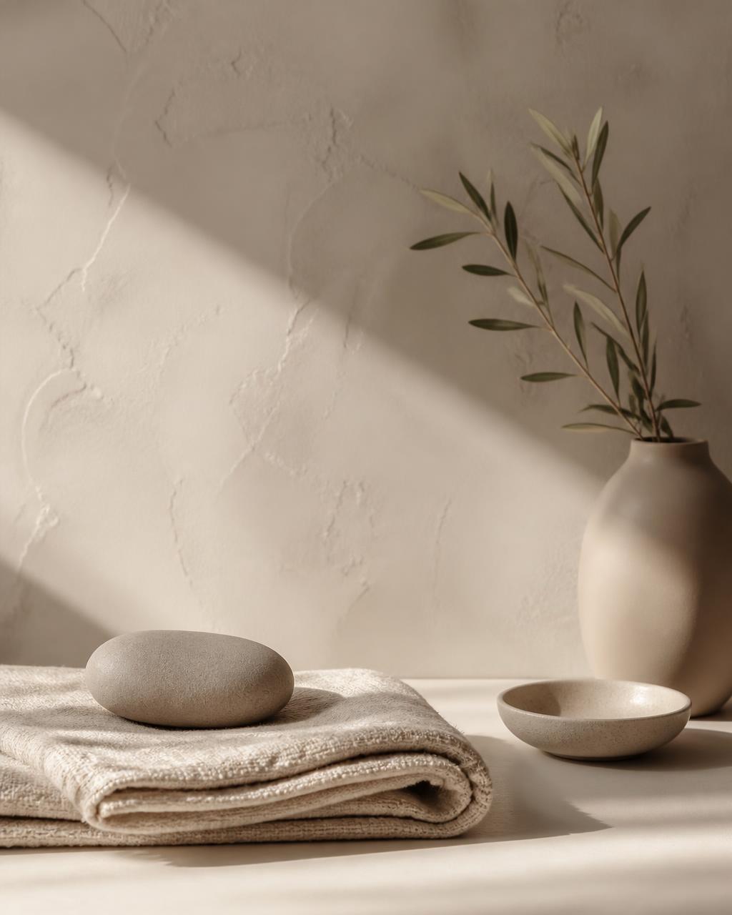 Neutral-toned studio still life with folded linen, stone and olive branch